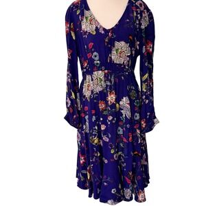 Maeve Anthropologie Floral Butterfly Midi Dress M Blue V-Neck Smocked Waist Boho
